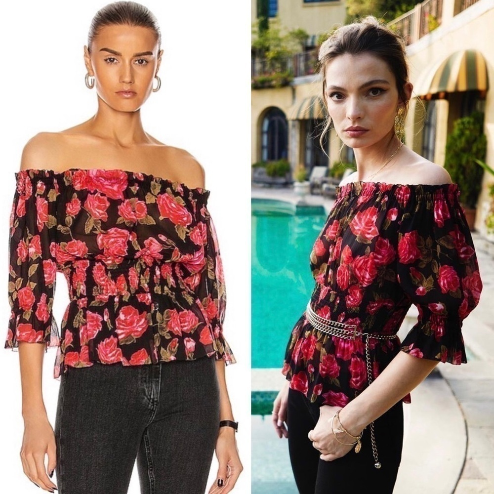 NWT L’AGENCE 70s Rose Floral Off Shoulder Smock Waist Ruffle Trim Chiffon Top XS
